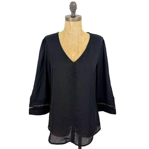 FORTUNE + IVY Mixed Media Blouse M Crepe Front Knit Back Black Tunic NEW B88 - Picture 1 of 5
